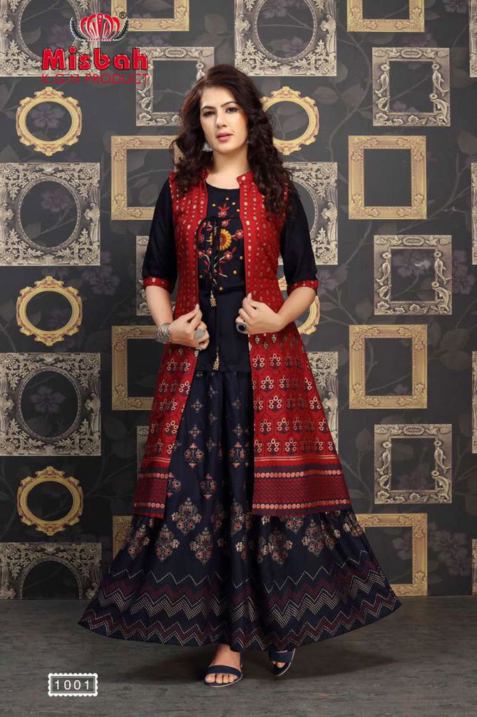 Misbah Nayantara 1 Designer Exclsive   Fancy Finest Quality Of Rayon Heavy Gold Print With Work With Jacket Kurti With Skirt Collection